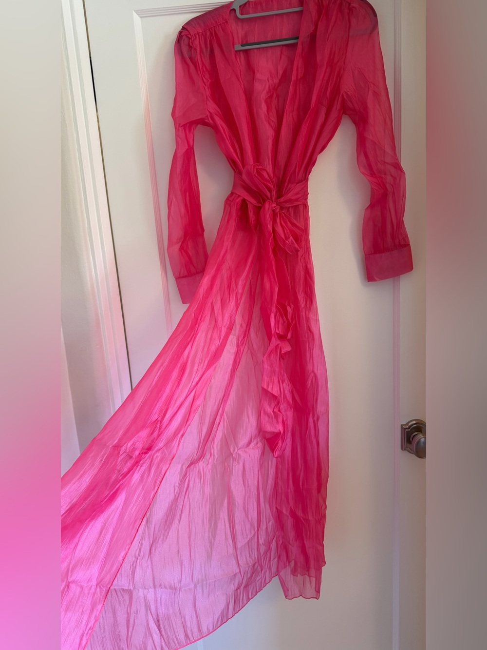 Vibrant Sheer Hot Pink Tie-Waist Maxi Duster Kimono Topper Wrap